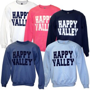 white, pink, navy, light blue, and indigo crew sweatshirts with Happy Valley
